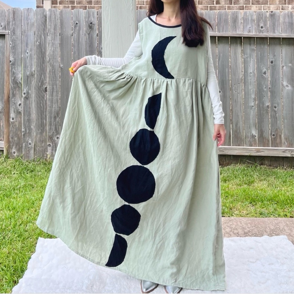 100% Linen | Handmade Quilted Linen Sleeveless Dress SKU 08014 Black Moon